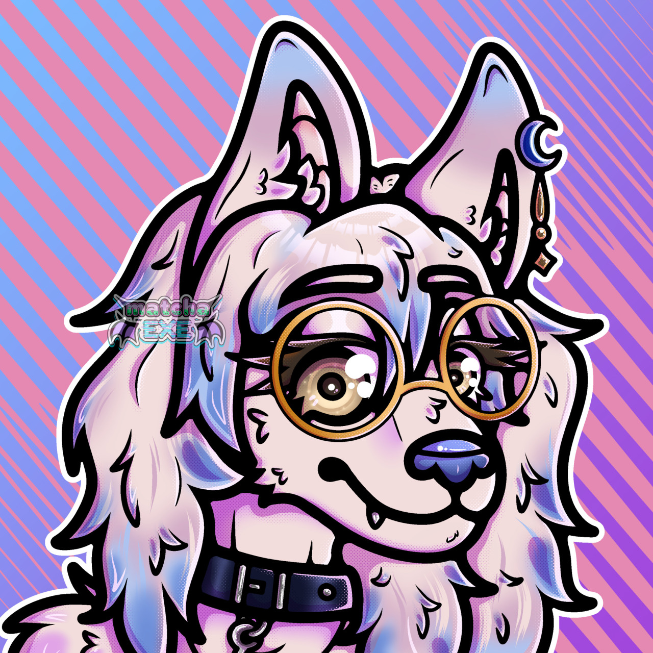 Neck-up digital art of a wolf girl with long white hair and white fur. Her hair tips are a light blue that fades to a dusty purple. She has bangs covering her forehead. There is a gold and blue moon earring in her left ear as well as golden glasses on her face. She is also wearing a black leashed collar. Her nose is blue and her eyes are a light golden brown. She is smiling and looking off to the left side of the image. The background is a blue and purple gradient with a light pink zigzag pattern overlayed.