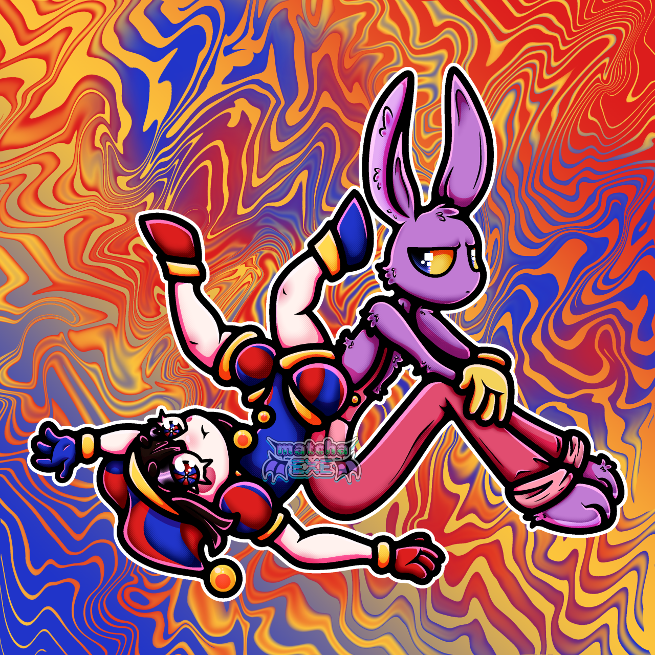 Full-body digital art of Pomni and Jax from The Amazing Digital Circus. Pomni is on the left. She is laying on the ground with her hips propped up on Jax's back and her legs sprawled in the air. Her left arm is behind her head and her right arm lays on the ground beside her. She is pouting at the camera. She is wearing a red, blue, and yellow jester outfit and has short, dark brown hair with red and blue eyes. Jax, on the right, is sitting with his back to Pomni while holding his legs almost to his chest with his hands resting on his knees. He is looking towards Pomni with a displeased expression. Jax is a tall purple rabbit wearing bright pink overalls and yellow gloves. His eyes are yellow with large black pupils. The background is a psychedelic blue, yellow, and red pattern.