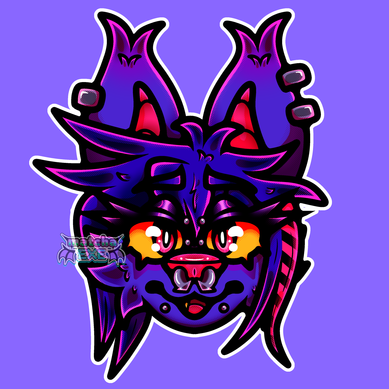 A symmetrical digital headshot of an anthropomorphic sparkledog. It is smiling at the viewer with an open mouth. It has blueish purple fur with blue hair and purple accents on it's ears and under it's eyes. It's eyes are yellow with pink iris'. It's nose and inner mouth are also pink and it has one yellow fang on the right side of it's mouth. There is a black and pink striped streak on the left side of it's hair and it has several silver piercings in it's ears and face. The background of the image is a light periwinkle.
