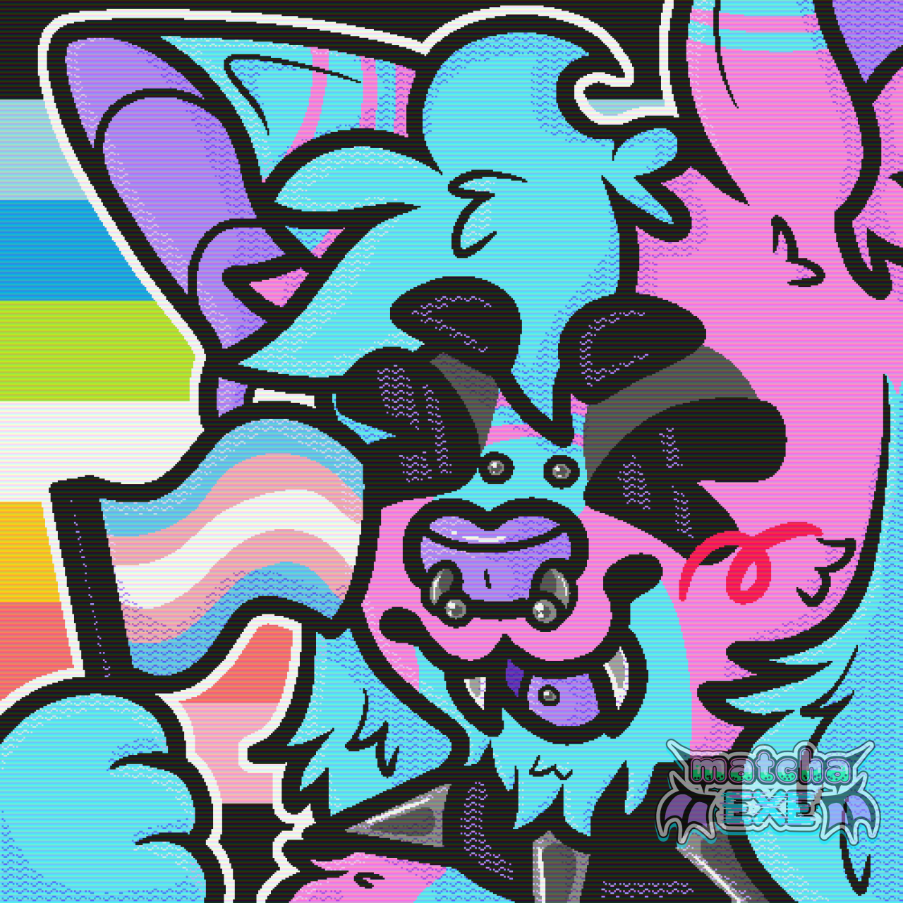 Digital art of an anthropomorphic pink, blue, and purple bat waving a small transgender pride flag. They are smiling with an open mouth and closed eyes. They have several silver piercings in their tongue and nose. The background of the image is the queer flag. There is also a scanlines effect on the entire image.