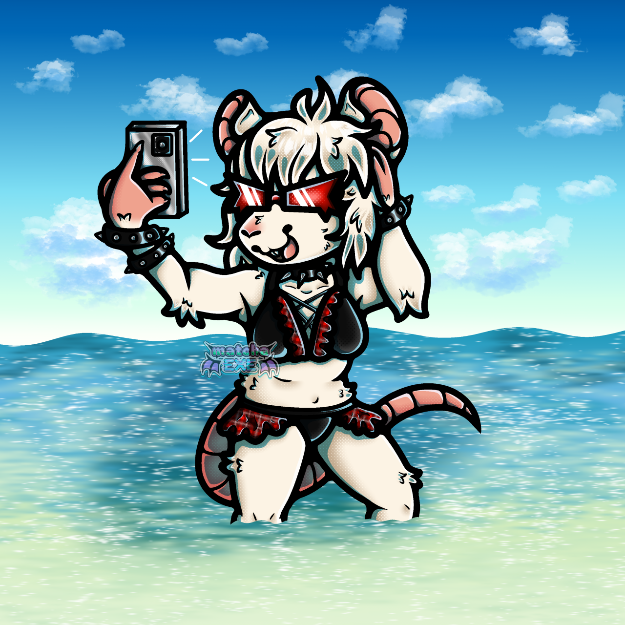 Knee-up digital art of an anthropomorphic, white-furred rat girl standing in the ocean against a bright blue sky. Several white clouds dot the sky and the ocean shimmers in blues and greens. Her tail, hands, nose, mouth, and inner ears are a light pink. She is standing with her left leg bent and her right arm holding out a silver phone in front of her face. Her other arm is tangled in her hair. She is smiling with an open mouth while wearing spikey red sunglasses. Her tail is waving behind her. She is wearing a black bikini with red plaid ruffles on the thighs and inner chest area. She is also wearing two black studded bracelets on her right wrist, one on her left wrist, and a black studded collar around her neck.