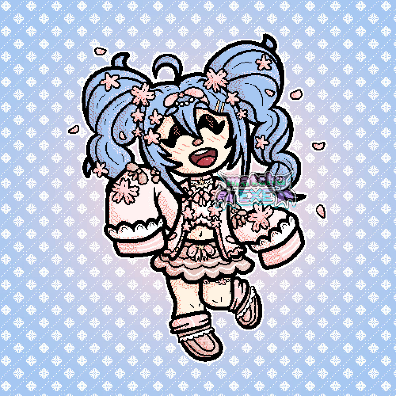 Full-body digital art of a girl with long, curly, and blue twintails. She is standing on her right leg with the other bent up behind her. Her right arm is raised while the other is bent at her side. She is wearing an all pink outfit including boots, legwarmers, a ruffled skirt, a sweater with sleeves covering her hand, a crop top, and a choker. There are bows and sakura flowers decorating her hair and outfit. She is smiling with an open mouth and closed eyes. The background is a pale blue with a pale pink circle in the center. Overlayed is a pixellated floral checkered pattern.