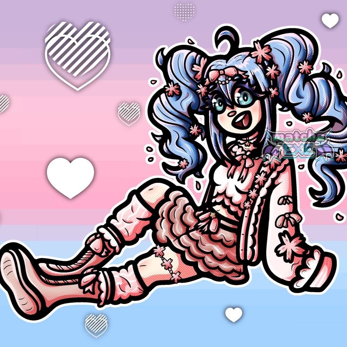 Full-body digital art of a girl sitting down with one leg out and one leg bent. Her arm is holding her up and she is smiling at the viewer with an open mouth. She has long and curly blue twintails and bright teal eyes. Her hair and outfit are decorated with pink sakura petals and bows. She is wearing boots, legwarmers, a ruffled skirt, a ruffled crop top, a large jacket with oversized sleeves, and a small choker. The background of the image is a pixelated pastel purple, pink, and blue with stylized white hearts surrounding the character. The hearts are casting black shadows.
