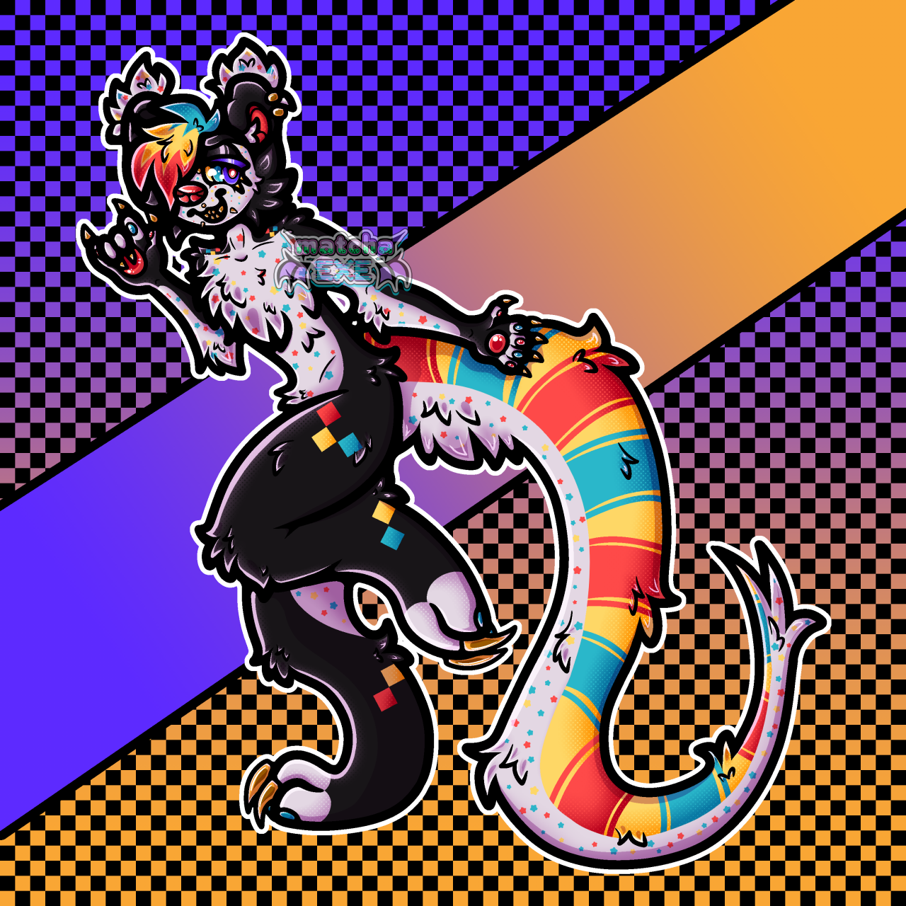 Full-body digital art of an anthropomorphic binturong standing on his right leg with his left leg bent up pressed against itself. His right arm is folded up with his hand making a devil horns sign while the other arm is stretched out behind him. He has a large, long, and fluffy tail that tapers off at the end. He is smiling with his sharp golden teeth and looking off behind himself. He has long, jagged bangs covering the right half of his face and fluffy white tips on his ears. He also has several golden piercings in his ears, bridge, and mouth. Most of his fur is black, but his bangs, alongside most of his tail, and decorative squares on his legs and chest are red, yellow, and blue. Alongside the underside of his tail is a thick white stripe. His toes, fingers, inner thighs, belly, chest, inner arms, and face are also white. On the white fur only, there are red, yellow, and blue stars. His paw pads are red and blue while his nose and inner ears are red. His eyes are also red, yellow, and blue, but with a neon purple iris. The background of the image is a black checkerboard overlayed with a purple to gold gradient. A thick purple to yellow stripe cuts through the center of the image, going from the bottom left corner to the top right.